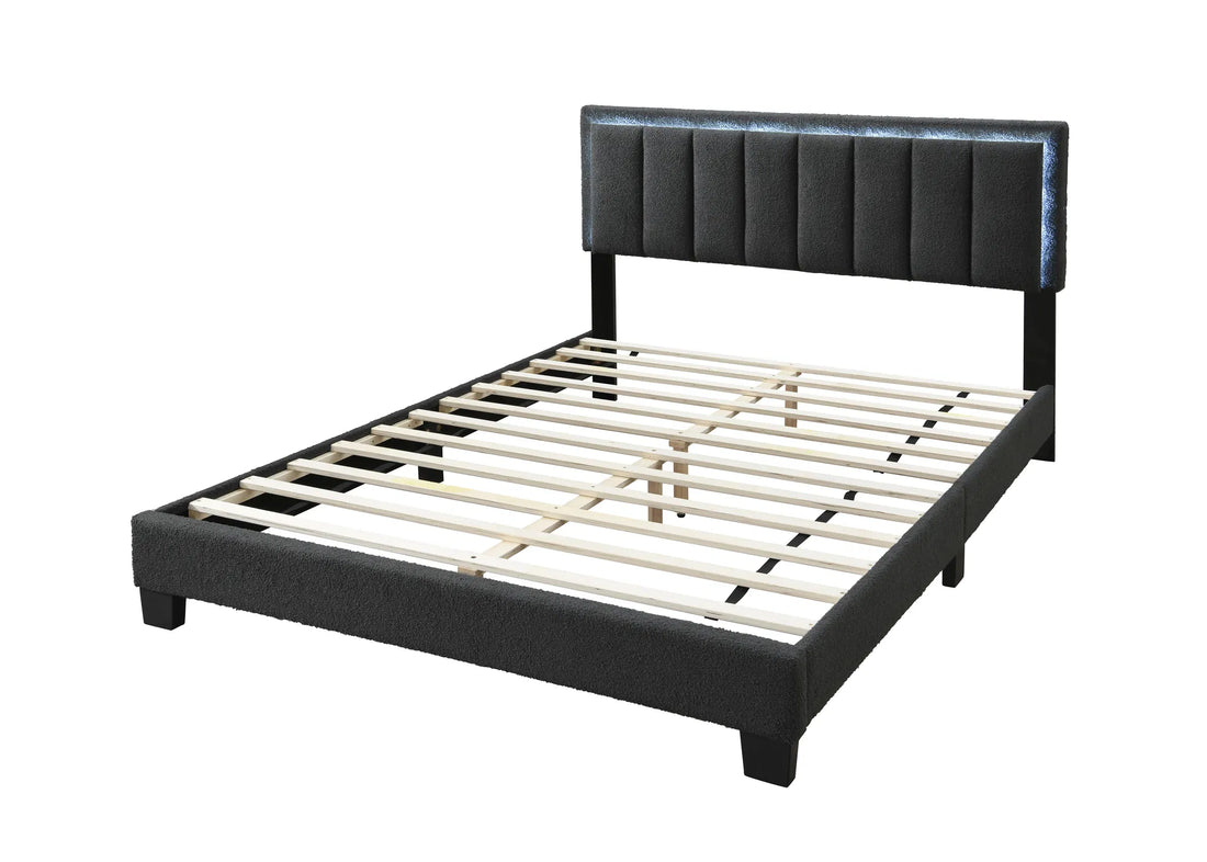 1-Piece Queen Size Bed ‚Äì Charcoal Wool Fabric, Channel-Tufted Design with LED, Fully Upholstered Bed Frame for Bedroom
