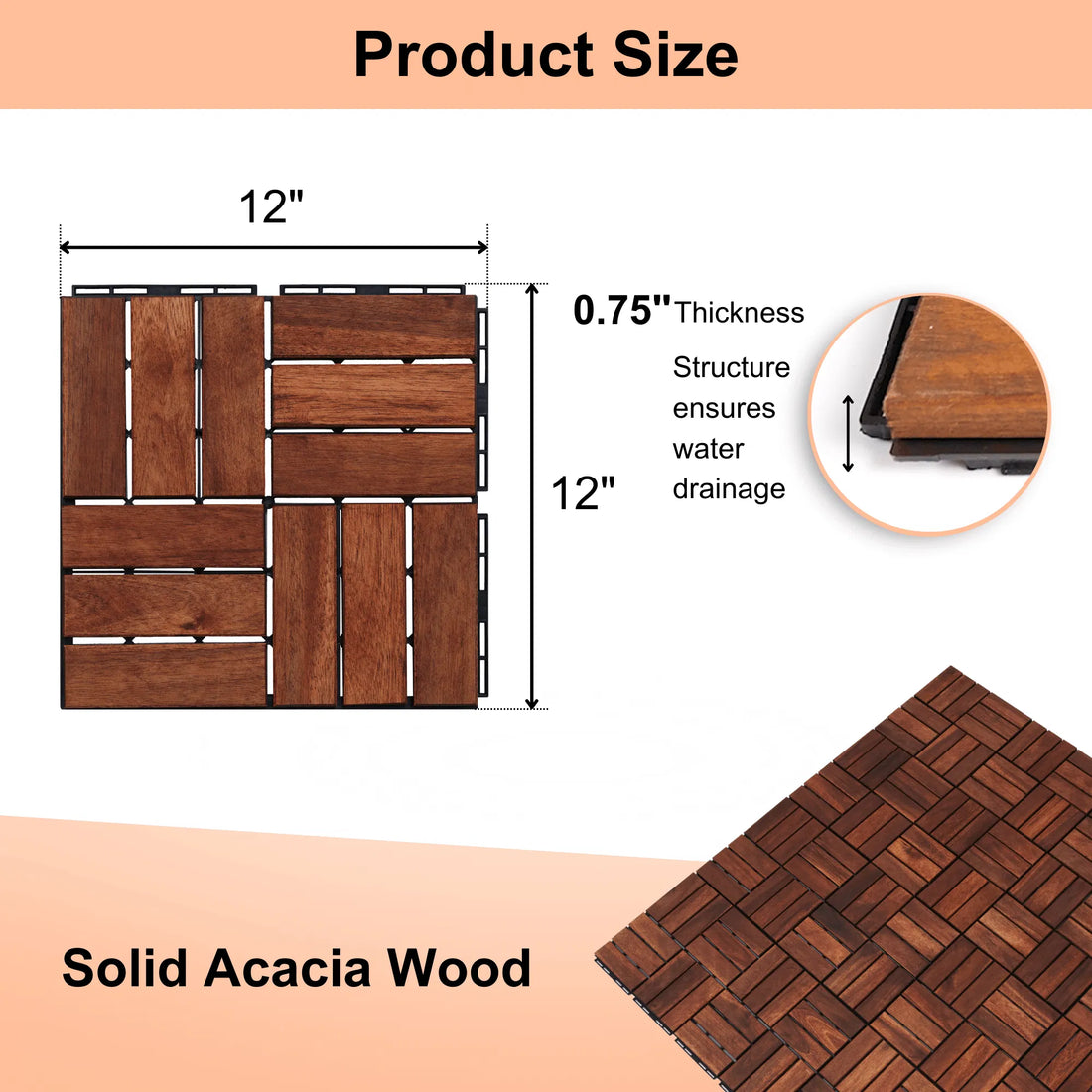 10-Pack Acacia Wood Interlocking Deck Tiles, Checker Pattern, 12" x 12" Brown Acacia Hardwood Outdoor Flooring for Patio, Balcony, Poolside, and More