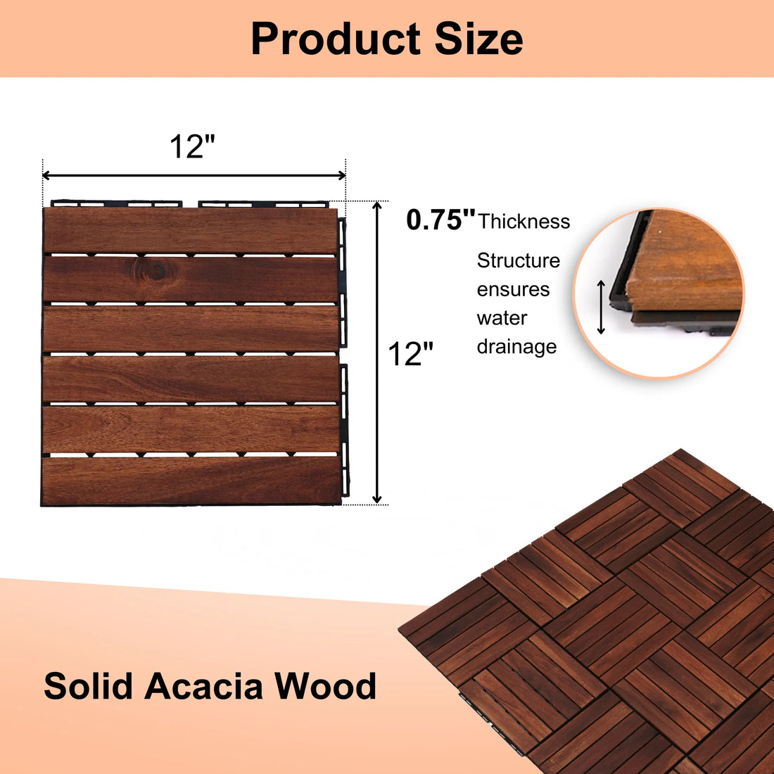10-Pack Interlocking Deck Tiles, 12" x 12" Acacia Hardwood Outdoor Flooring with Striped Pattern for Patio, Balcony, Poolside, and More
