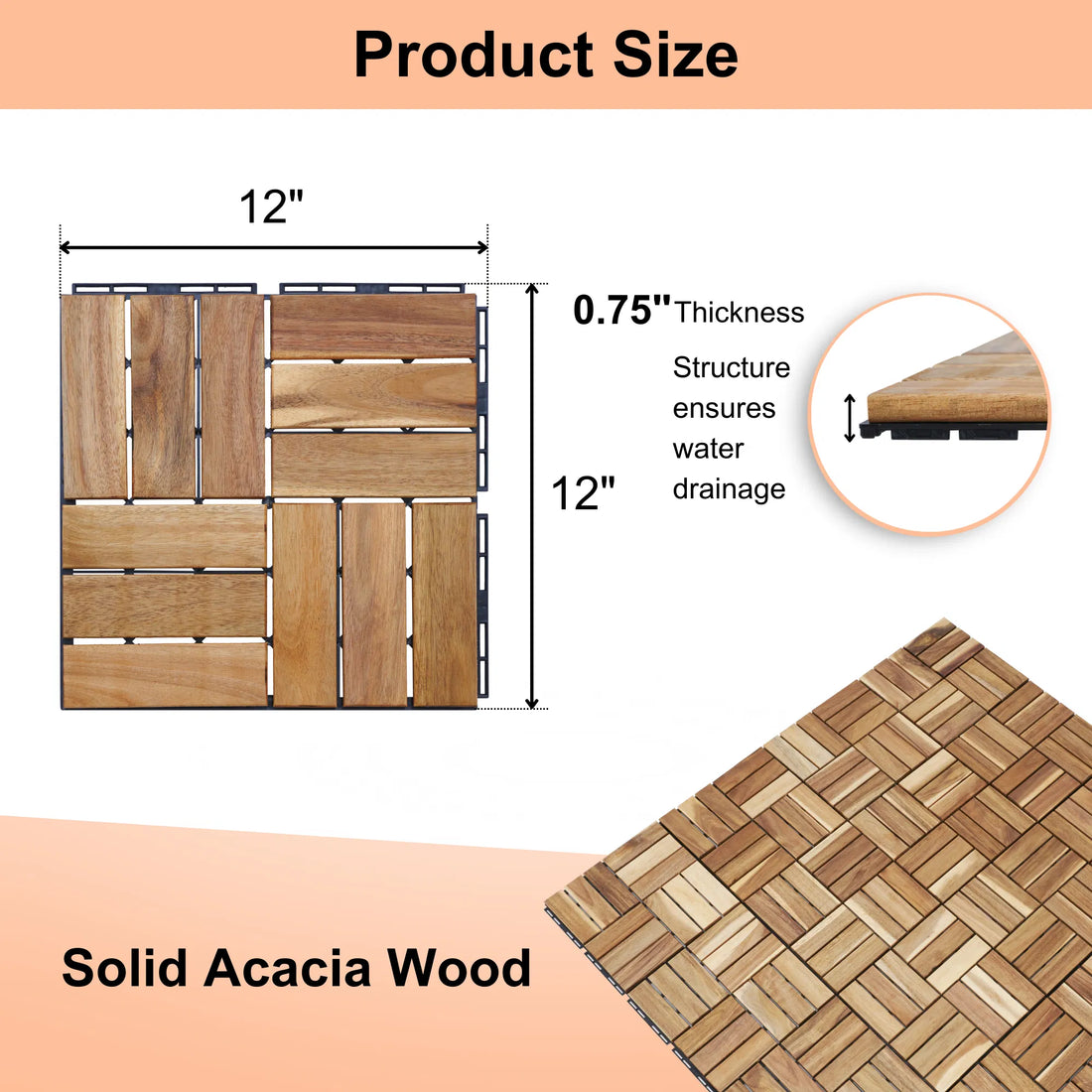 10-Piece Interlocking Deck Tiles ‚Äì Checker Pattern, 12" x 12" Square, Yellow Acacia Hardwood Outdoor Flooring for Patio, Balcony, Poolside, and More