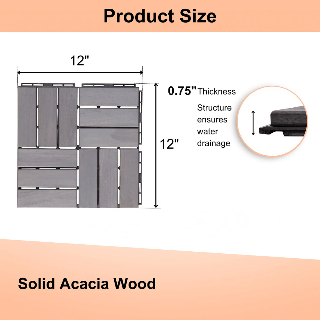 10-Piece Interlocking Deck Tiles with Checker Pattern, 12" x 12" Light Gray Square Acacia Hardwood Outdoor Flooring for Patio, Balcony, Poolside, and More.
