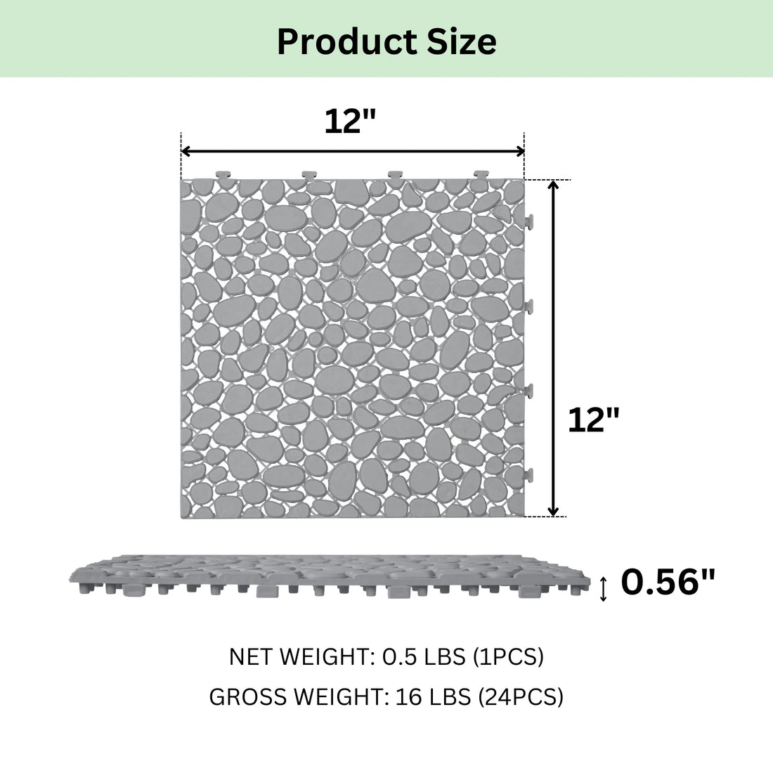 12" x 12" Gray Interlocking Deck Tiles, Waterproof Plastic, All-Weather & Anti-Slip for Outdoor & Indoor Use ‚Äì Bathroom, Shower, Balcony, Porch ‚Äì Durable with 440 lbs Weight Capacity, Pebble Stone Pattern, Pack of 24