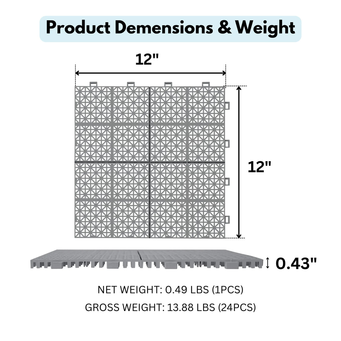 12" x 12" Gray Interlocking Deck Tiles ‚Äì Waterproof, All-Weather, Anti-Slip Plastic Flooring for Bathroom, Shower, Balcony & Porch ‚Äì Durable with 6,613 lbs Weight Capacity ‚Äì Rosette Pattern, Pack of 24