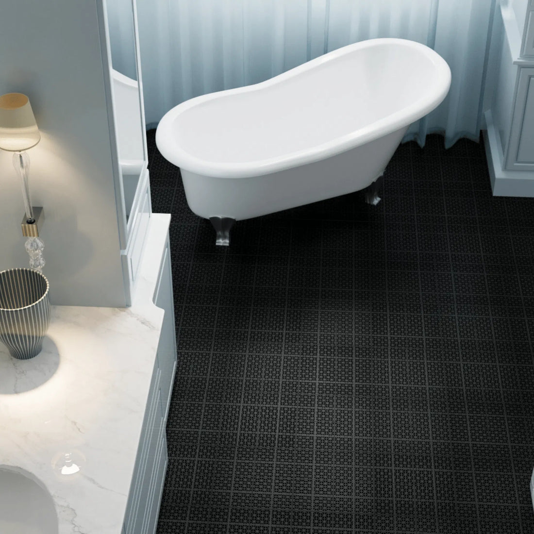 12 x 12 Inch Black Interlocking Deck Tiles, Plastic Waterproof, Outdoor All-Weather, Anti-Slip for Bathroom, Shower, Balcony, Porch, Supports Up to 6613 lbs, Rosette Pattern, Pack of 24.