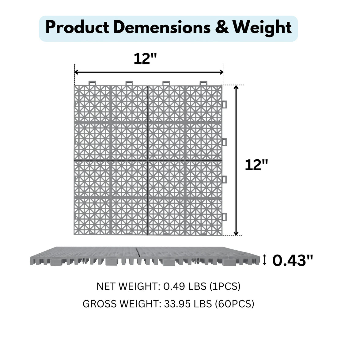 12 x 12 Inch Gray Interlocking Deck Tiles, Plastic Waterproof Outdoor Tiles for All Weather Use, Anti-Slip Bathroom, Shower, Balcony, and Porch, Supports Up to 6613 lbs, Rosette Pattern, Pack of 60