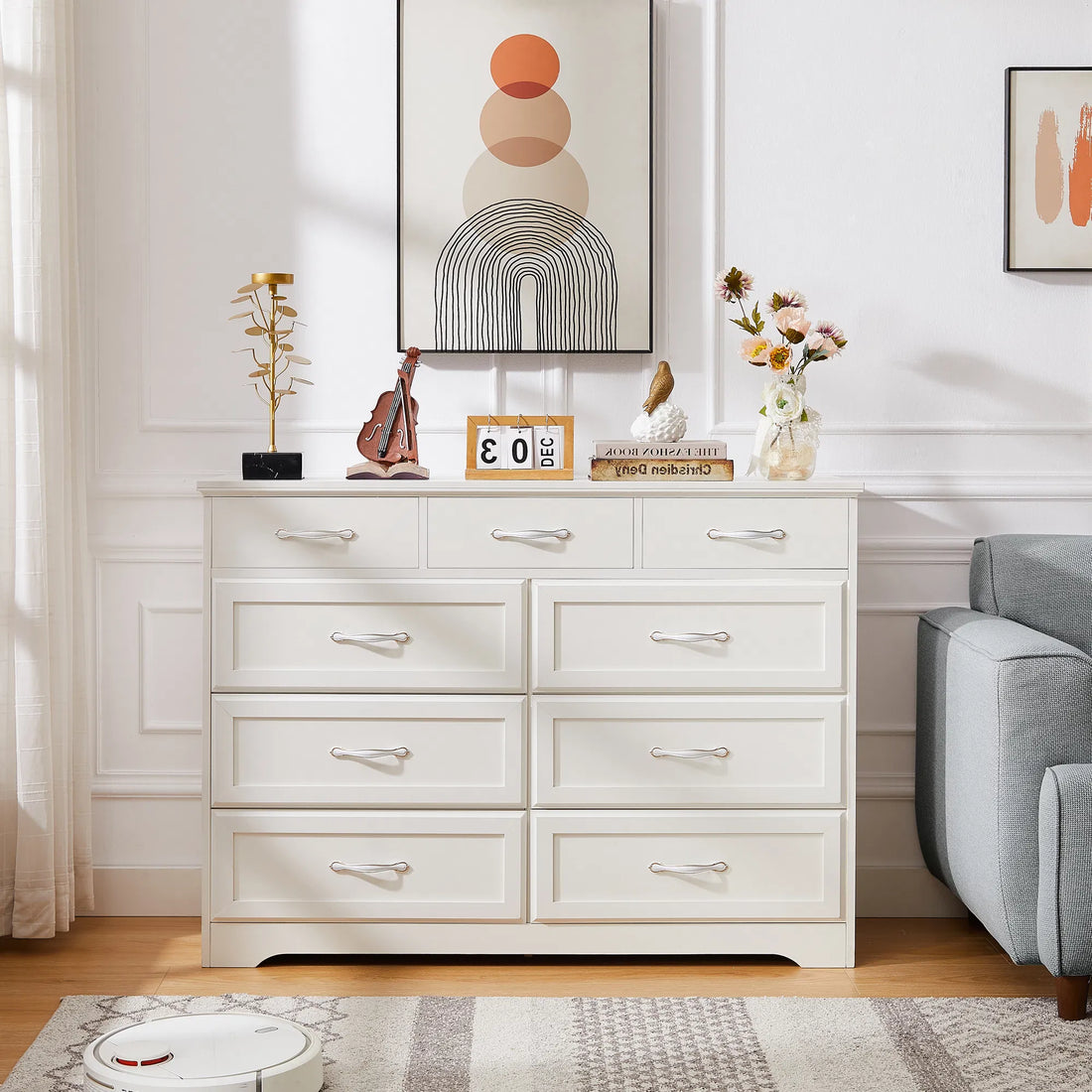 White 9-Drawer Bedroom Dresser with Antique Handles, Wood Chest for Kids' Room, Living Room, Entryway, and Hallway, 47.56''W x 15.75''D x 34.45''H