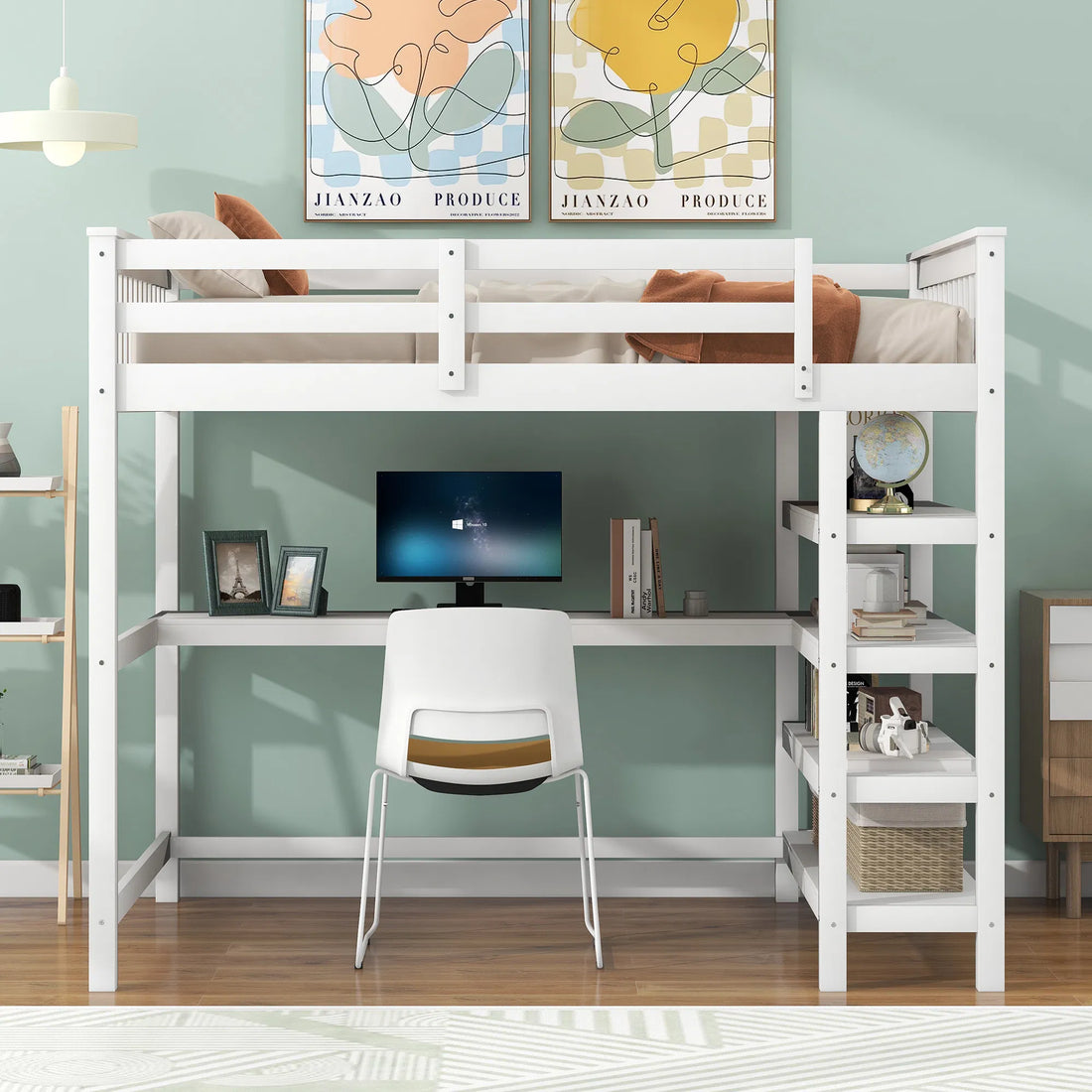 White Full-Size Loft Bed with Storage Shelves and Under-Bed Desk