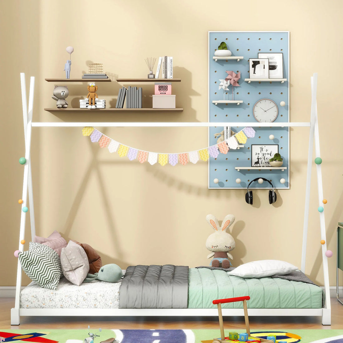 White Metal Twin-Size House Platform Bed with Triangle Frame Structure