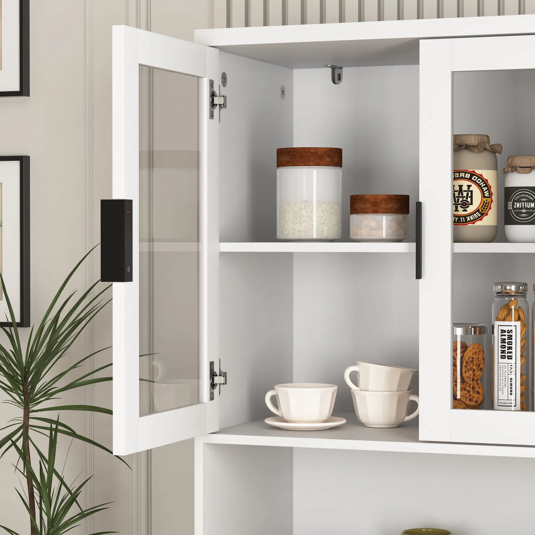 White Tall Storage Bookcase with Tempered Glass Doors, Adjustable Shelves, and MDF Painted Finish ‚Äì 4-Door Cabinet for Living Room & Bedroom