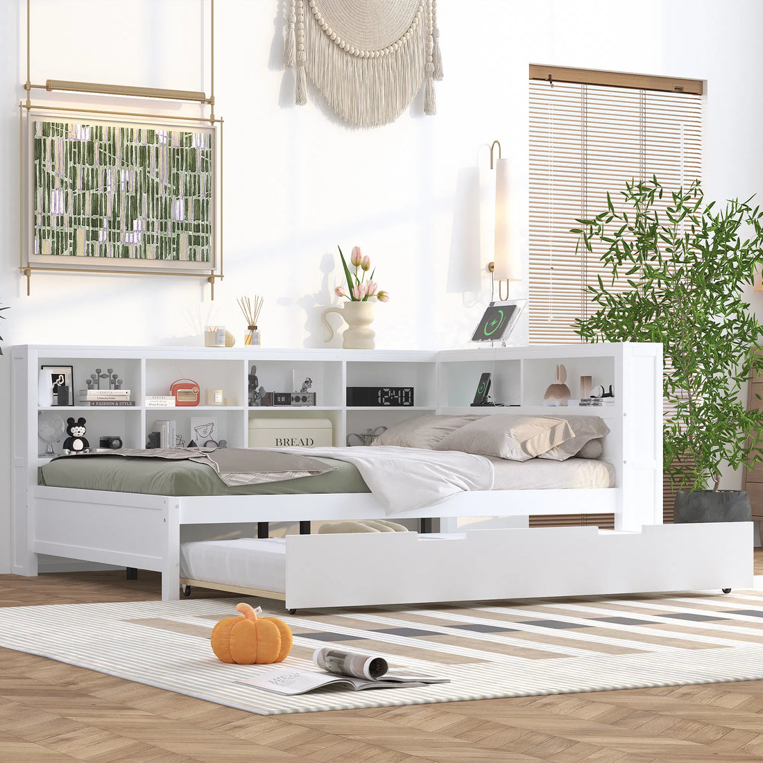 White Wooden Full-Size Daybed with Twin Trundle, Storage Shelves, and USB Charging Ports