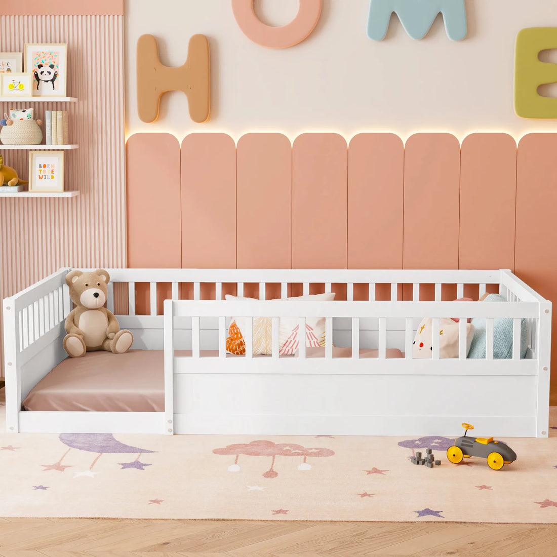 White Wooden Twin Floor Bed Frame with Fence ‚Äì Perfect for Kids' Bedroom or Playroom