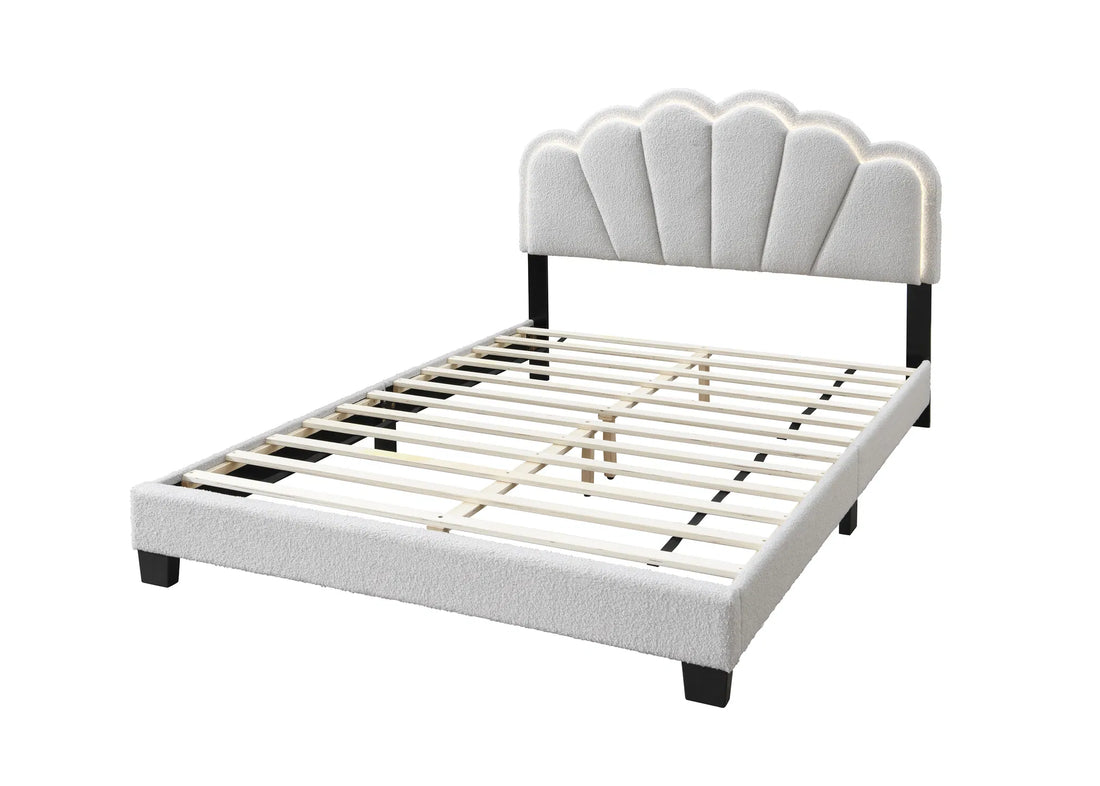 White Queen Size Platform Bed ‚Äì Wool Fabric Upholstery, Floral LED Headboard, Modern Design