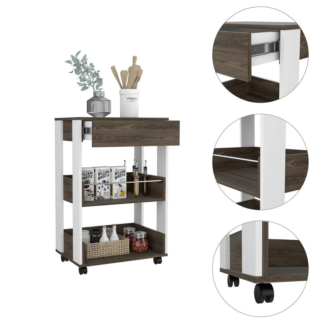 White and Dark Walnut Kitchen Cart with Drawer, Two Shelves, and Casters