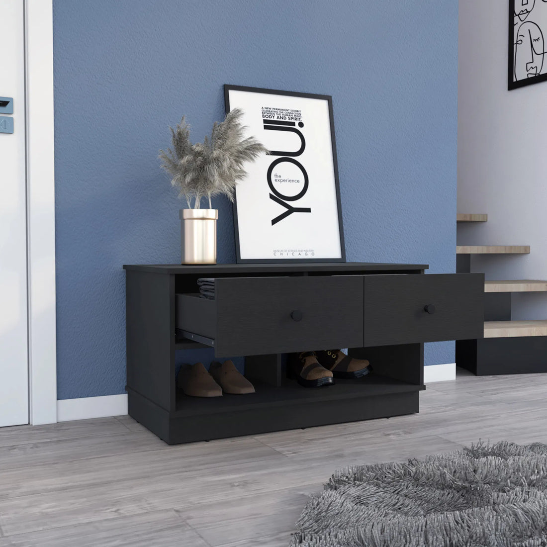 Willamette Rectangular Storage Bench with 2 Shelves and 2 Drawers, Black Wenge Finish
