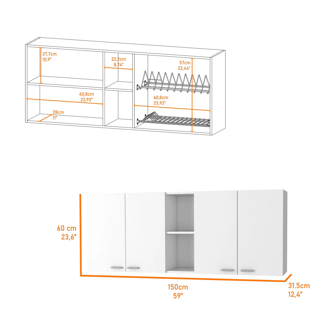 Winslow 150" Wall Cabinet ‚Äì Four Doors, Two Divisions, Two Shelves