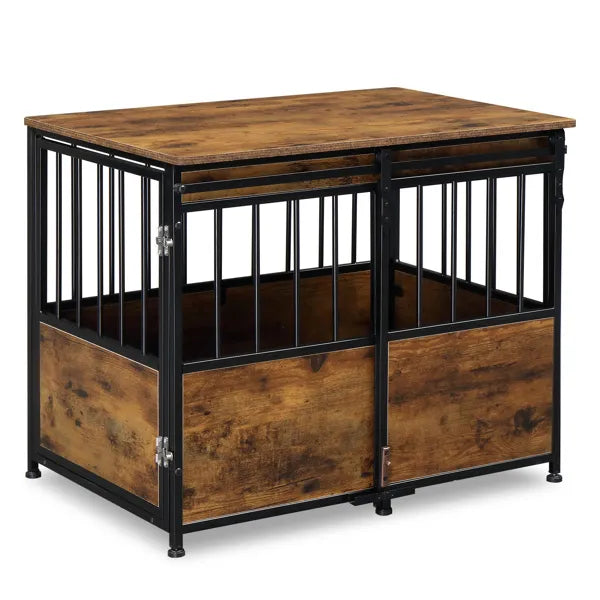 Wooden Dog Crate Furniture with Cushion ‚Äì Heavy-Duty Kennel for Large & Medium Dogs, Indoor Pet House & Side Table with Double Doors & Sliding Door, Rustic Brown