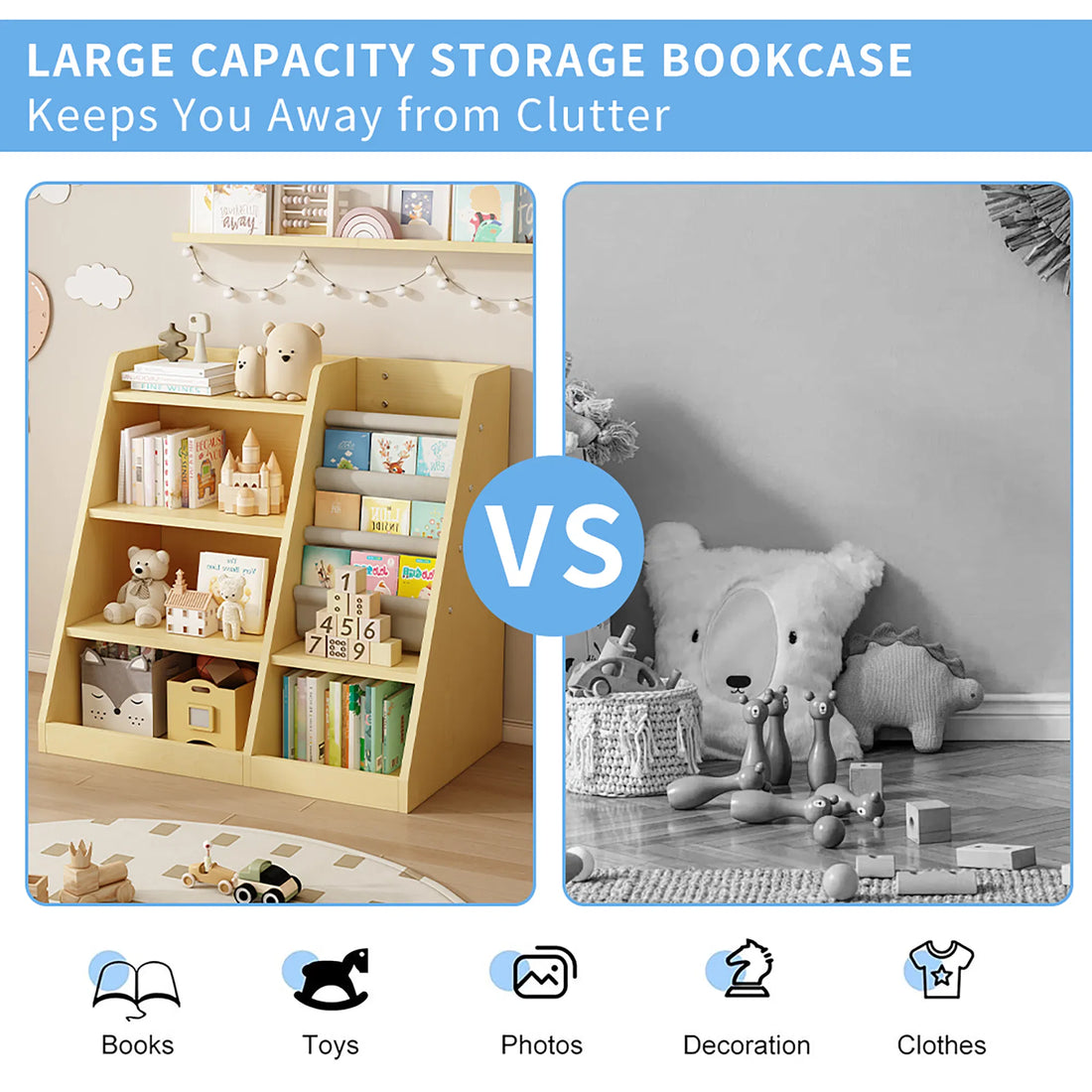 Wooden Kids' Bookshelf & Toy Storage Organizer ‚Äì Adjustable Bookcase with Sling Rack for Toddlers & Children, Ideal for Playroom, Bedroom, Nursery, School, and More.