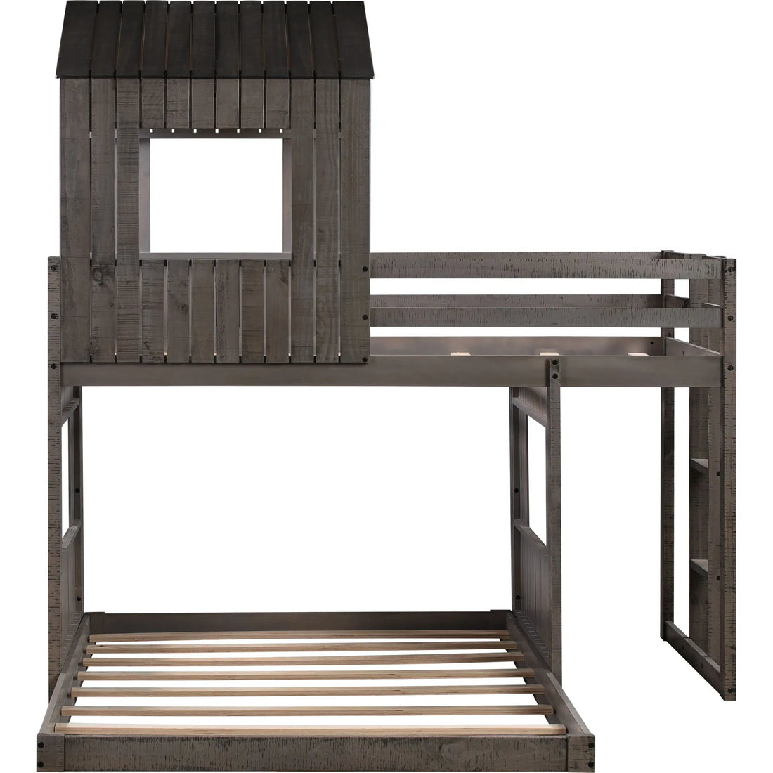 Wooden Twin Over Full Bunk Bed with Loft Playhouse, Farmhouse Style, Ladder & Guardrails, Antique Gray