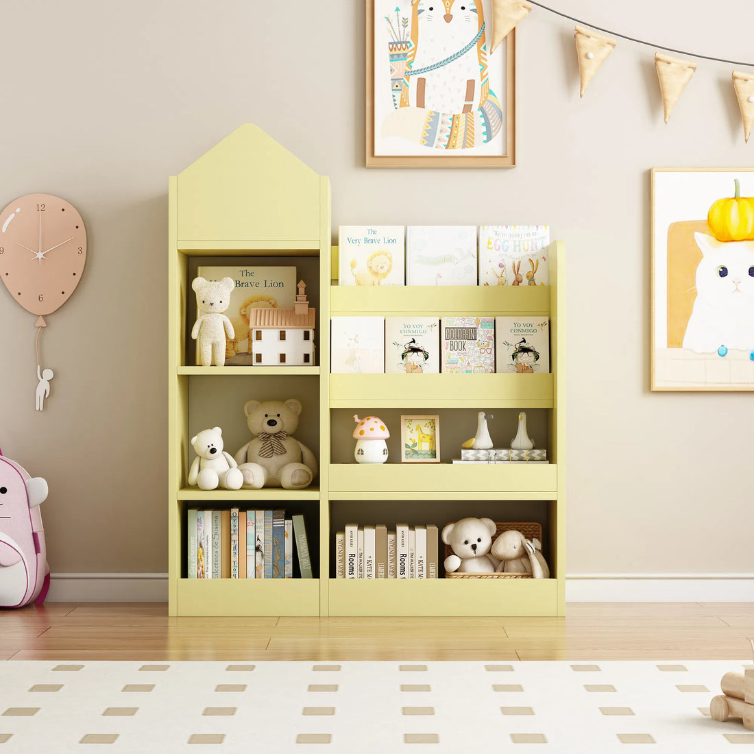 Yellow Kids Wooden Bookshelf and Toy Storage Organizer ‚Äì 6-Compartment Storage Unit with 2 Baskets, Multi-Shelf Cubby for Books and Toys
