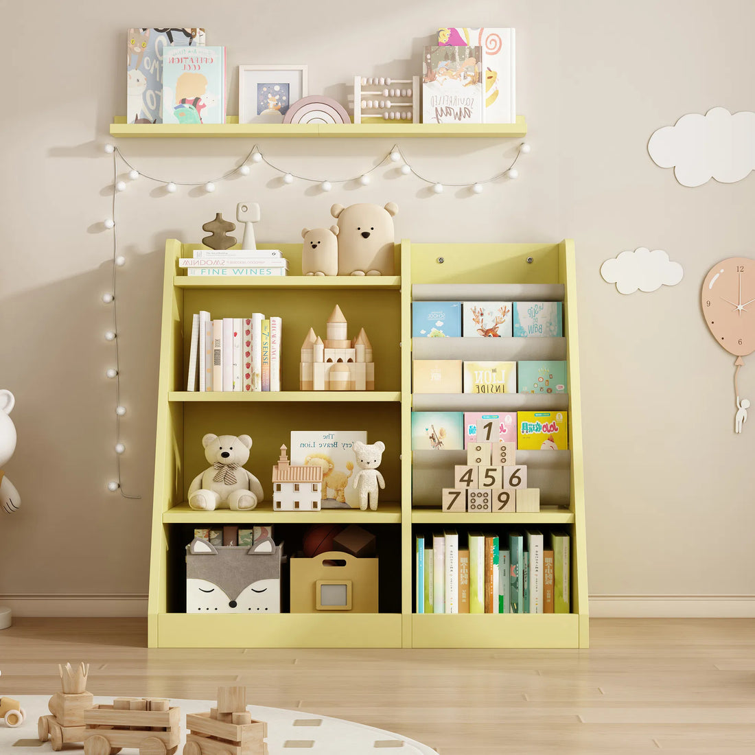 Yellow Wooden Toy Storage Organizer and Kids Bookshelf ‚Äì Adjustable Sling Book Rack for Playroom, Bedroom, Nursery, Hallway, School, or Living Room